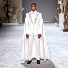 Men's White Luxury Style Crystal Suits with Long Cape for Banquet Wedding Party