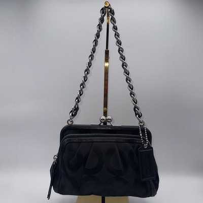 COACH Parker Double Zip Kisslock Black Jacquard Silver Chain Bag