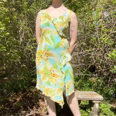 Vintage 1990s-Y2K Silk Chiffon Tiger Lily Glass Beaded Ruffle Fairy Dress Size M