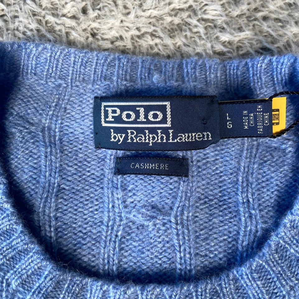 $398 Polo Ralph Lauren The Iconic Cable Knit Cashmere Sweater SZ Large Men Blue - Image 4 of 4