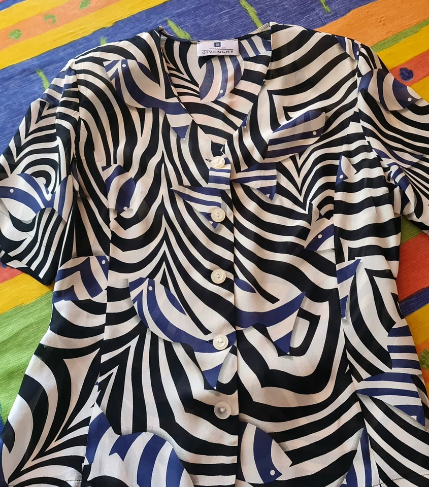 BLUSA VINTAGE AUTÉNTICA ITALIA GIVECHY RAYAS PESCADO MUJER TOP CAMISA US 12 EU 40 Foto 4 de 4