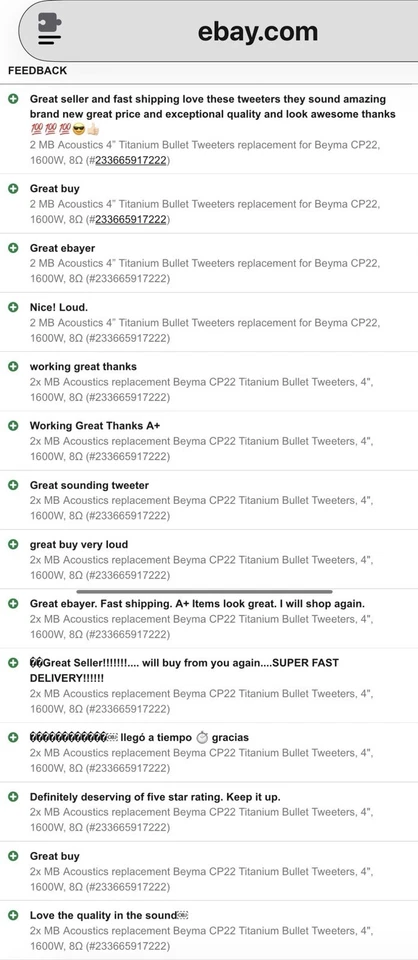 2 MB Acústica 4” Titanio Bullet Tweeters repuesto para Beyma CP22, 1600W, 8Ω Foto 2 de 4