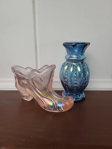 Fenton Opalescent Slipper & Carnival Glass Bud Vase Beaded Melon