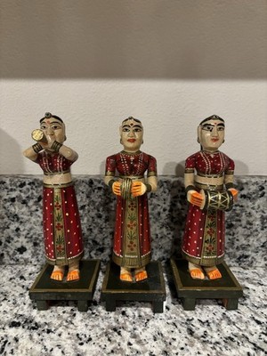 Set Of Three Hand Carved Wooden Indian Gangaur Figurines With Instruments