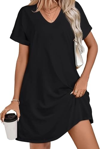 Summer Dresses for Women V Neck Short Sleeve Flowy Tshirt Dress X-Large Black - Picture 5 of 6