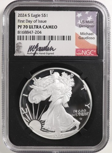 NGC PF70 UC 2024S $1 Proof Silver Eagle US Mint Designer Auto. Label 1st Day
