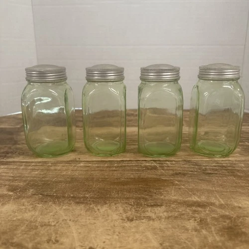 Antique Hoosier Cabinet Uranium Glass Jar Lot of 4 Green Depression Glass