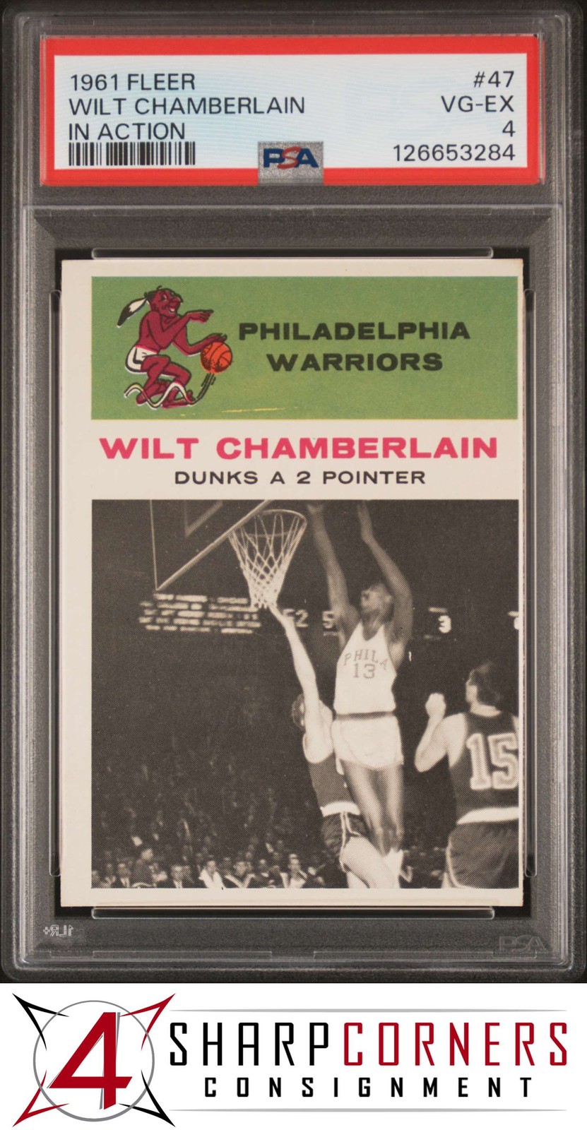1961 FLEER IN ACTION #47 WILT CHAMBERLAIN RC WARRIORS HOF PSA 4