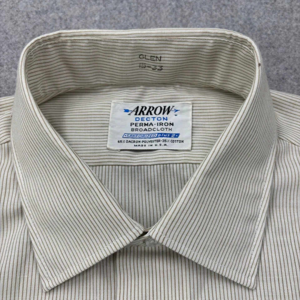 Винтажная мужская рубашка 60-х Arrow Decton 15-33 (размеры L) желтовато-коричневая в полоску сделано в США - Изображение 3 из 4
