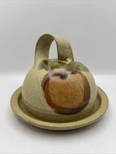Art Pottery Butter/Cheese Keeper with Done Lid & Apple Design~Signed