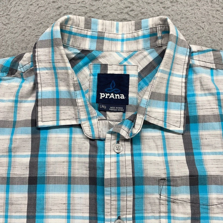 prAna Tamarack Organic Shirt Mens Large Blue Plaid Button Up Short Sleeve