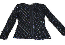 Stenay Womens Black Silk Beaded Jacket Long Sleeve Hook N Eye Front Size S