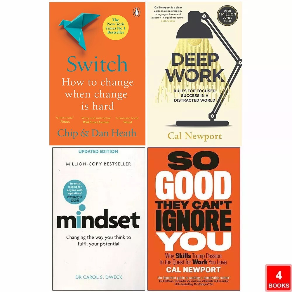 Switch, Deep Work, Mindset Dr Carol Dweck, So Good They Can't Ignore 4 Books Set