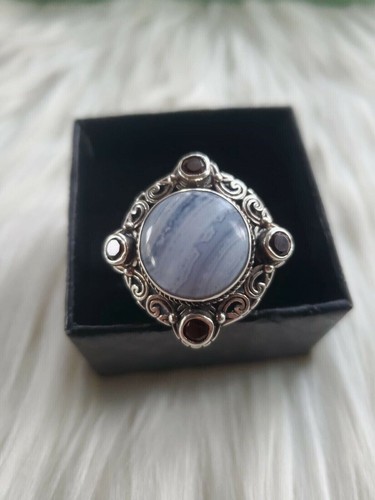 Sterling Silver 925 Ornate Blue Lace Agate Garnet Chunky Ring Jewelry $178 - Picture 4 of 9