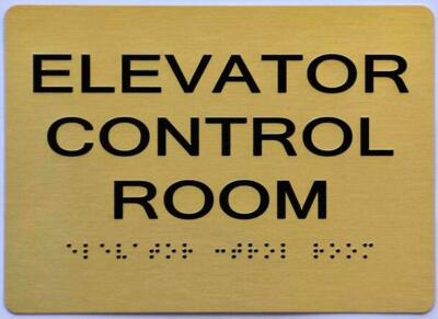 Elevator Control Room Sign With Braille and Raised Letters (Aluminum, Gold 5x7)