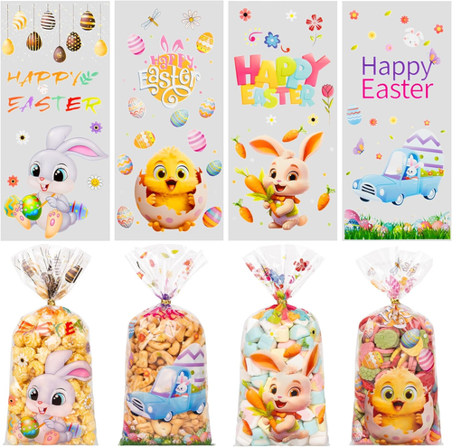 Easter Cellophane Treat Bags, 100 Pieces Stereoscopic Effect Easter Candy Bags w