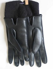 Vintage Black Vinyl Cloth Lined Girls Gloves ages 9-12 Button Trim FREE SH