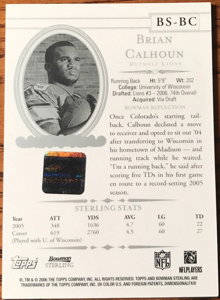 2006 Bowman Sterling Jersey Autograph Brian Calhoun BS-BC Detroit Lions - Image 2 of 2