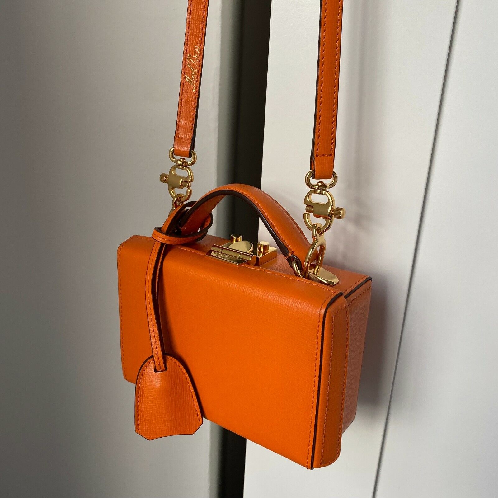 Mark Cross GRACE Mini Leather Box Bag Bag in Orange Saffiano Leather