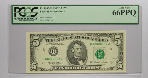 1995 $5 St. Louis PCGS 66PPQ Lucky 8's Fancy Serial Number 88888557