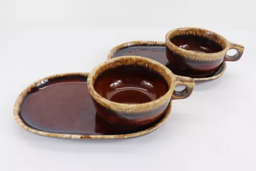 Hull Pottery Brown Drip Soup Mug Snack Tray Sandwich Oven Proof Vintage Set of 2