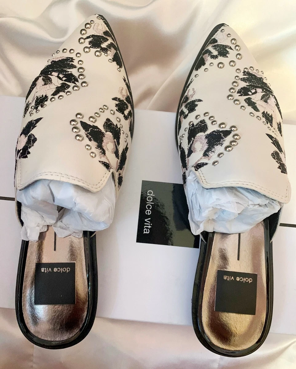Dolce Vita LEATHER MULE White black Embroidered slide slip