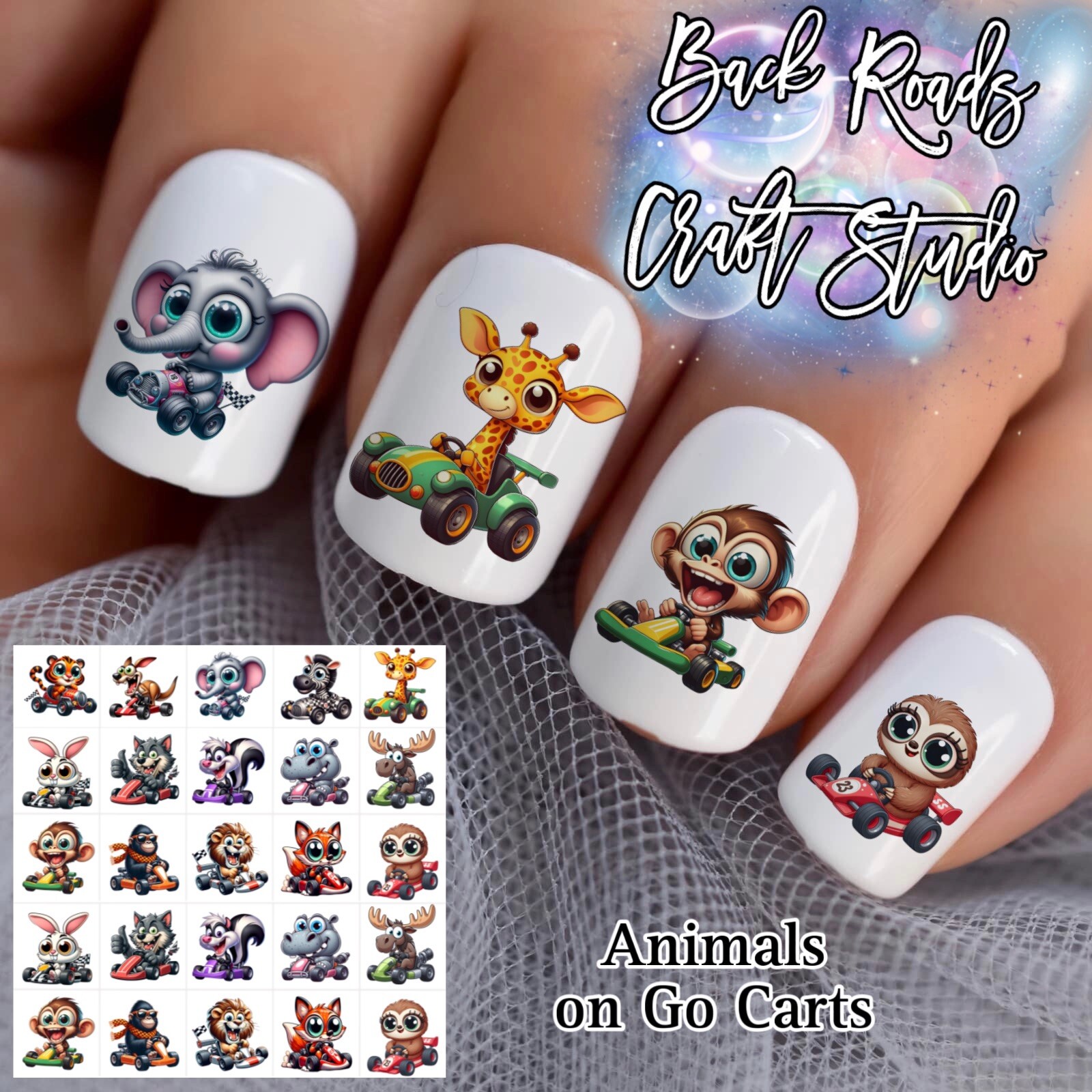 Animals In Go Carts  Waterslide Nail Art Decals Set Of 50 Instructions Included