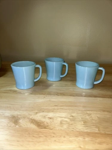 3 VINTAGE FIRE KING DELPHITE BLUE D HANDLE MUGS Made USA Glass Oven Ware 3.25” H