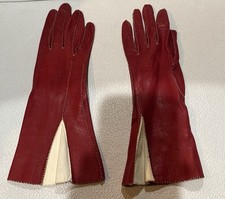 VINTAGE Size 6 Red Leather Gloves with Cream Insert and Stitching