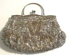 Vintage Beaded Silver Evening Handbag Purse Clutch Frame Handle Strap 12"