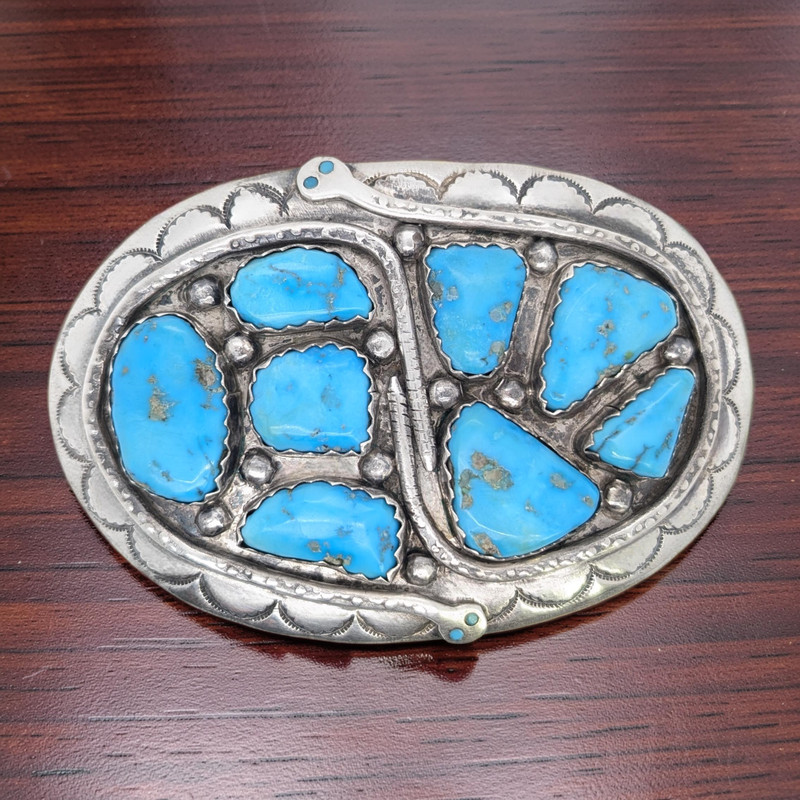 NATIVE AMERICAN STERLING SILVER TURQUOISE EFFIE C. SNAKE BELT BUCKLE #7959