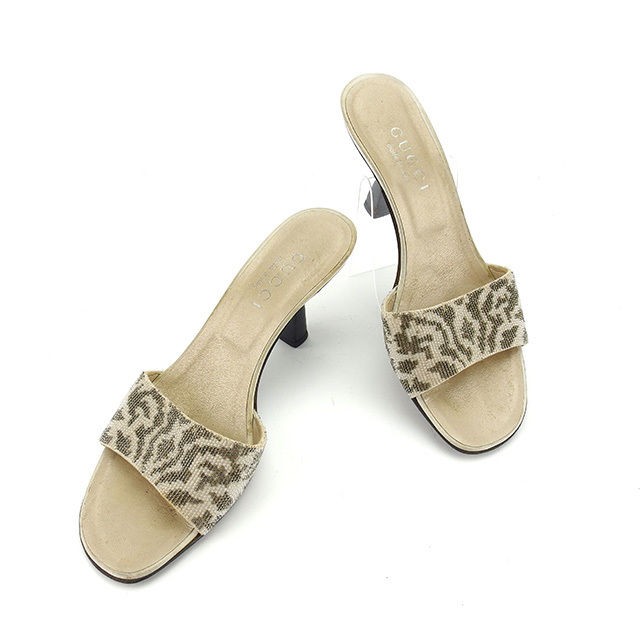 GUCCI Mule Sandals Women's #34 Half C Beige x Khaki Beads x Leather T11973 Brand