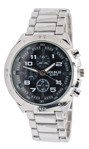 Herren Armband Uhr Quarz 46Mm Chrono Look Schwarz Silber Metallband Leuchtzeiger-image