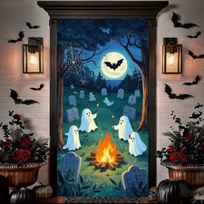 Ghost Cemetery Door Cover Fabric Halloween Door Cover Cute Ghost Decor 35x71