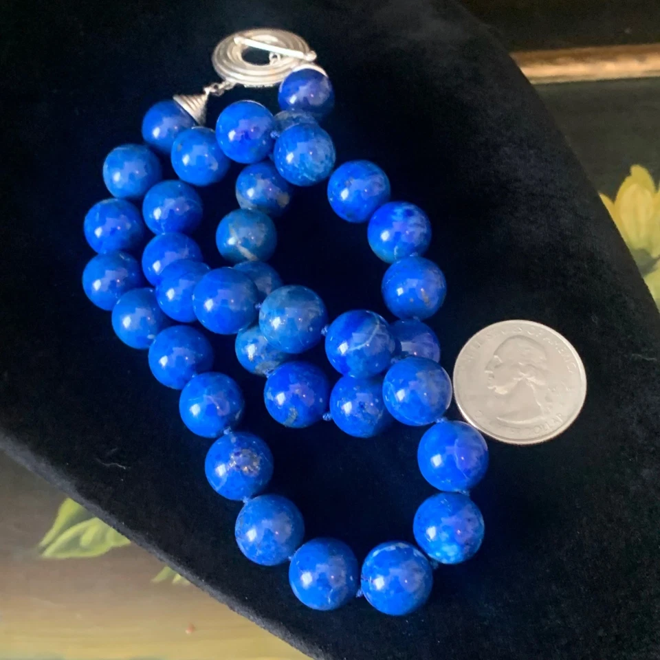Southwestern Blue Lapis Beaded Necklace 20" Sterling Silver Hand-Knoted QVC 12mm — 第 3/4 张图片