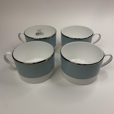Set of 4 Brian Gluckstein By Lenox Clara Aqua/Silver Flat Tea Cups Can