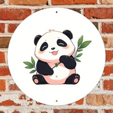 2D FlatCute Fat Panda Eating Bamboo Round Aluminum Wall Decoration Sign, Simple