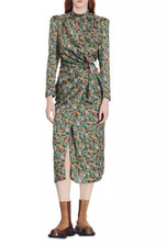 Sandro Midi Dress Sz 38 US 4 6 Green Floral Print Long Sleeve Mock Neck Modest