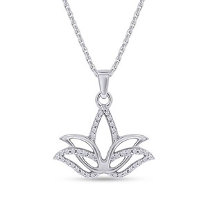 Authentic 0.10ct Natural Diamond Outline Lotus Flower Pendant 18" Necklace Silver Sterling