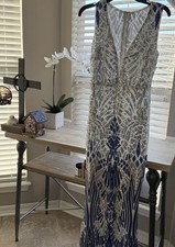 White Blue Silver Beaded Sequin Sleeveless V-Neck Mesh Long Gown Size