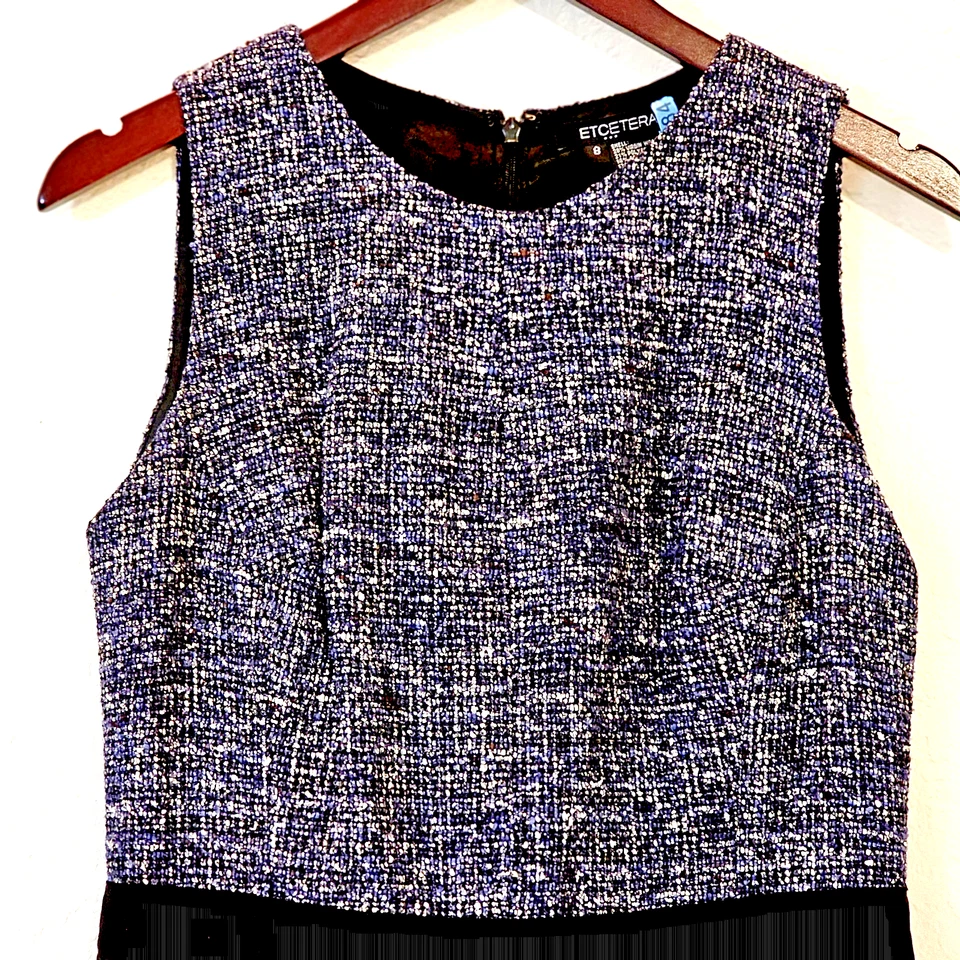 Etcetera Women's Dress Virgin Wool Silk Cotton Blend Sheath Blue Black Grey Sz 8 - Image 2 of 4