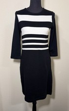 NWT Talbots Petite XS Black White Stripe Cotton Dress 3/4 Sleeve Scoop Neck
