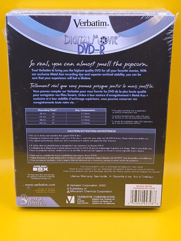 New Verbatim Digital Movie DVD-R (DVD-Recordable), 4.7 GB 120 Minutes (3 Pack) - Image 2 of 3