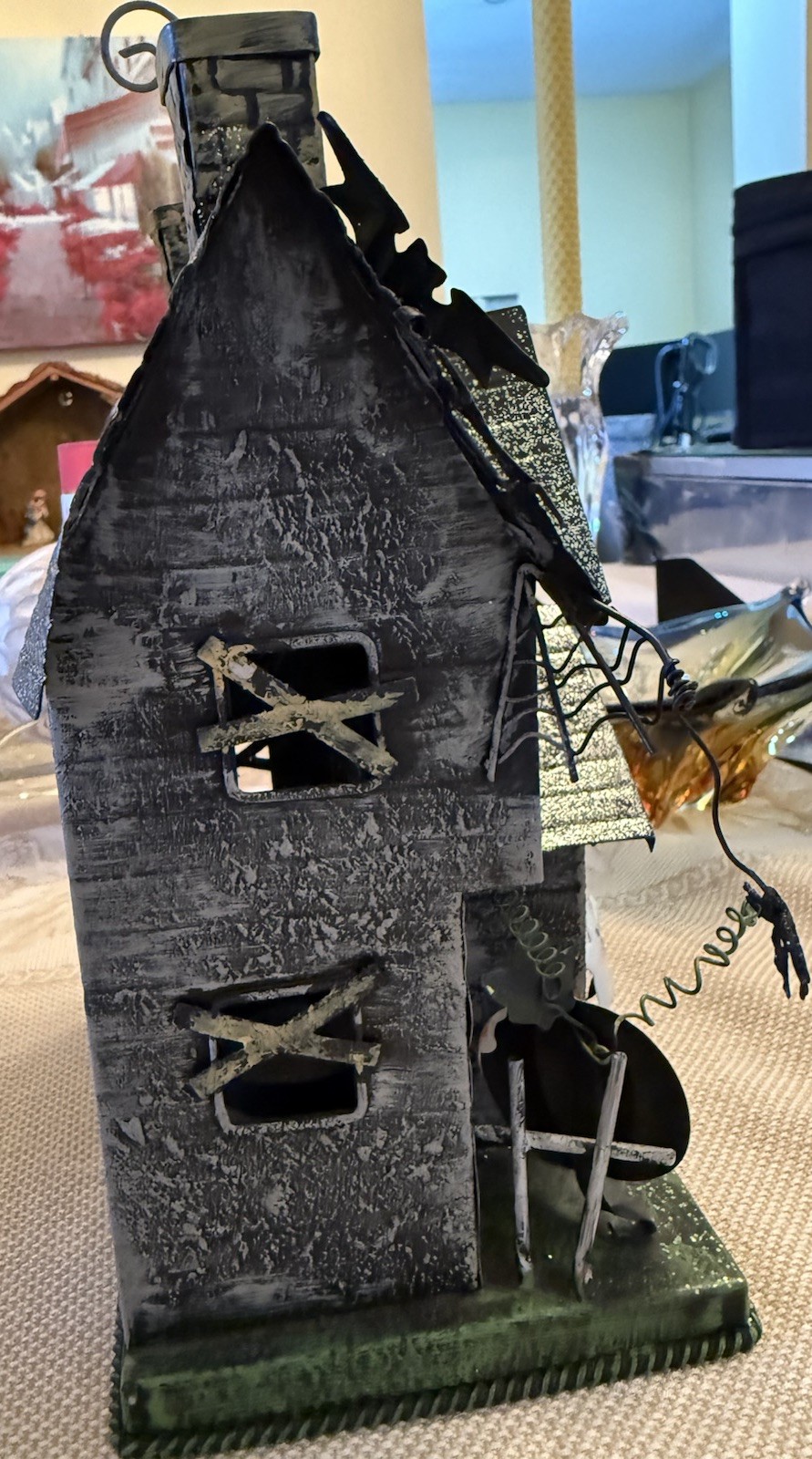 Halloween Metal Haunted House Pumpkins Ghost Tea Light Votive Candle Holder 11”