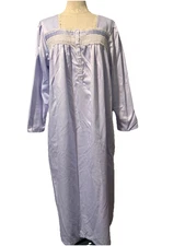 Nightgown Satin Brushed Back Earth Angels Embroidered Long Sleeve sz L peri blue