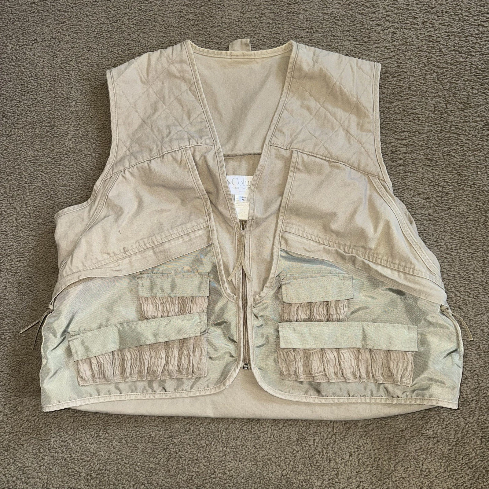 Vintage Columbia Fishing Hunting Vest Mens XL w/Game Bag Attached Canvas Utility