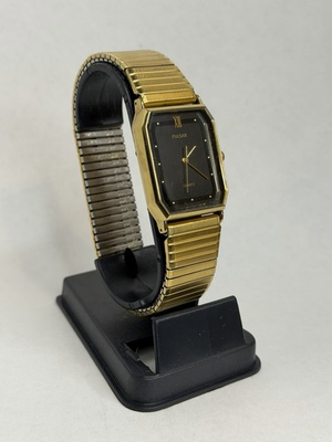#ad Vintage Pulsar Quartz Y131 5890 Gold Tone Black Dial Men’s Running Stretch Band $29.99