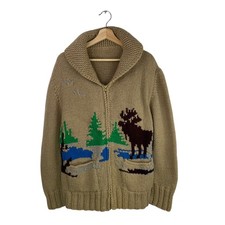 Cowichan Sweater Moose Wild life 50s/60s Hand Knit Shawl Cardigan Vintage Medium
