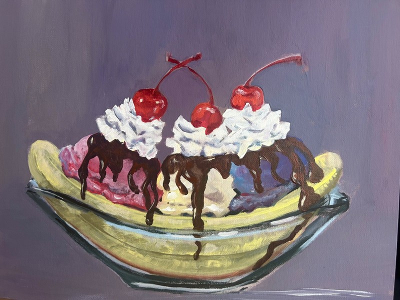 Acrylic Painting Ice Cream Sundae Original Art Colorful Dessert Banana Split