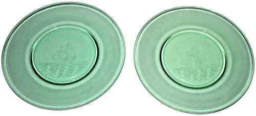 2 Vintage Green Depression Glass Plates 8" Clipper Sailing Ship Design